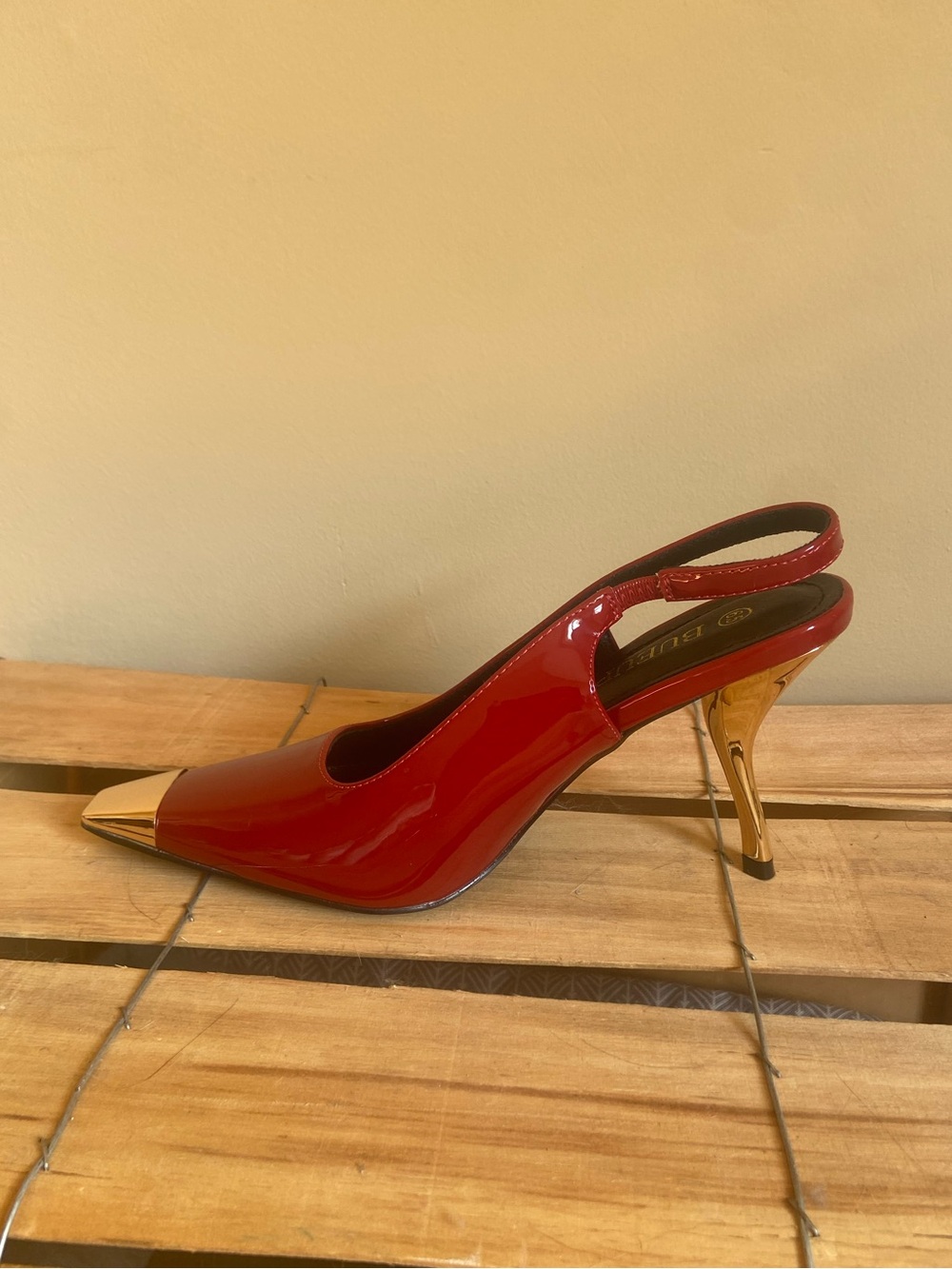 Red Patent Slingback Heels with Gold Cap and Sculpted Metallic Heel